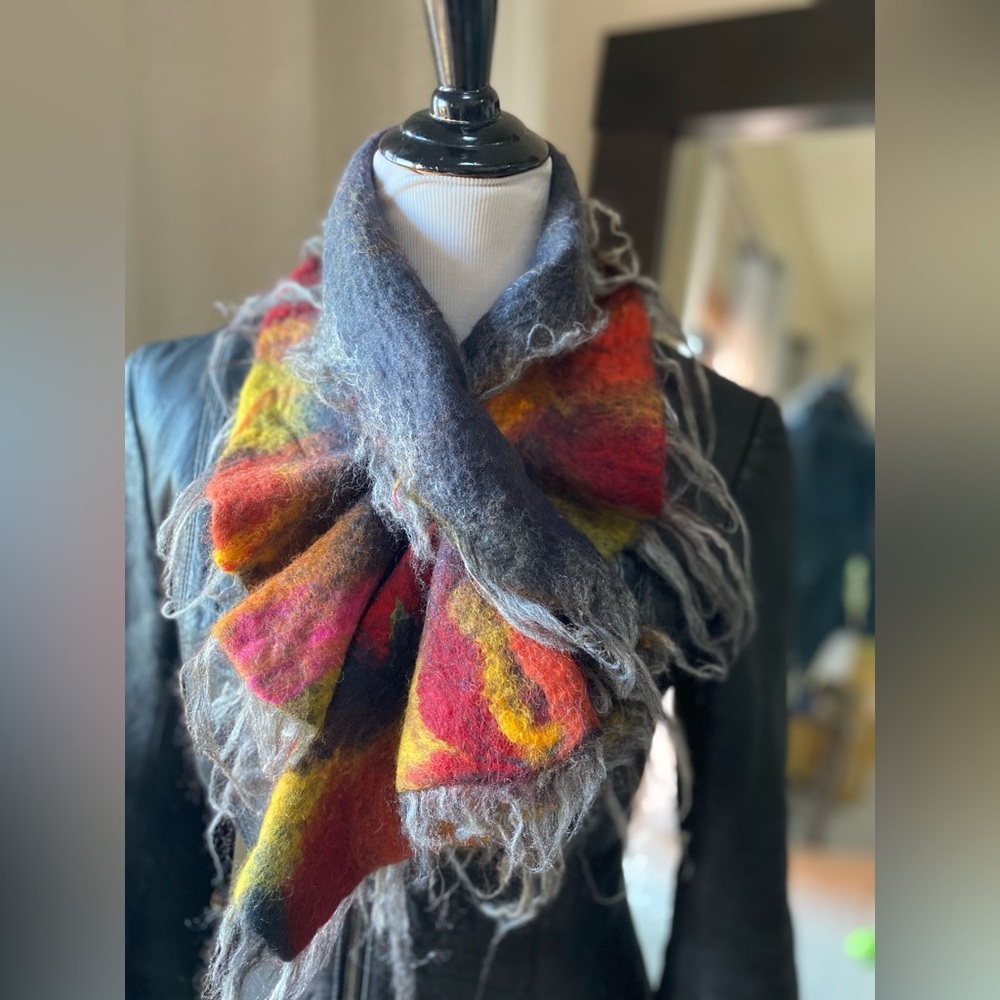 One-of-a-Kind Multi Colored Merino Wool & Mulberry Silk Scarf – Edgy & Artsy 🌈 - Picture 5 of 7